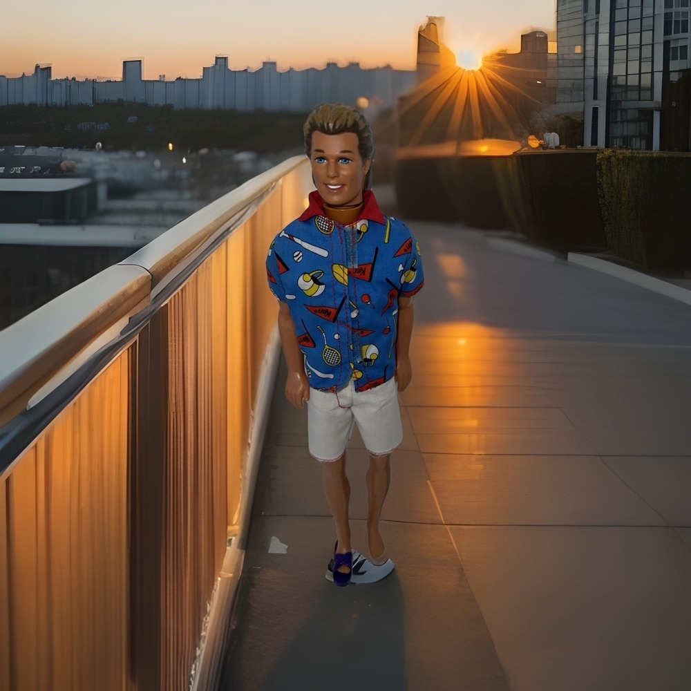 (…1)Vintage Barbie Ken Doll Blonde Molded‎ Hair Sport Pennant Shirt Blue